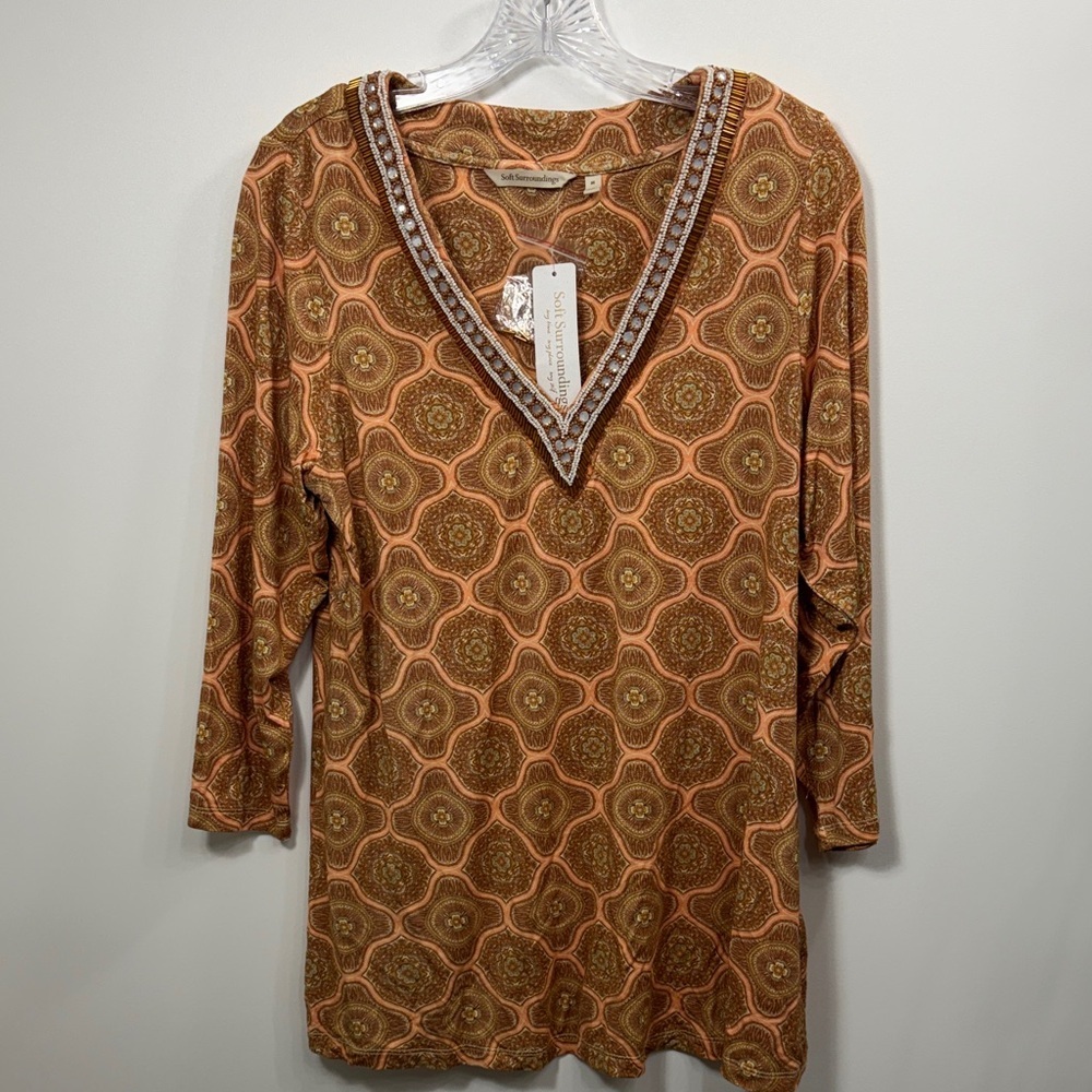 Soft Surroundings Lillia Beaded V-Neck Tunic Top Top Soft pink medium. NWT.